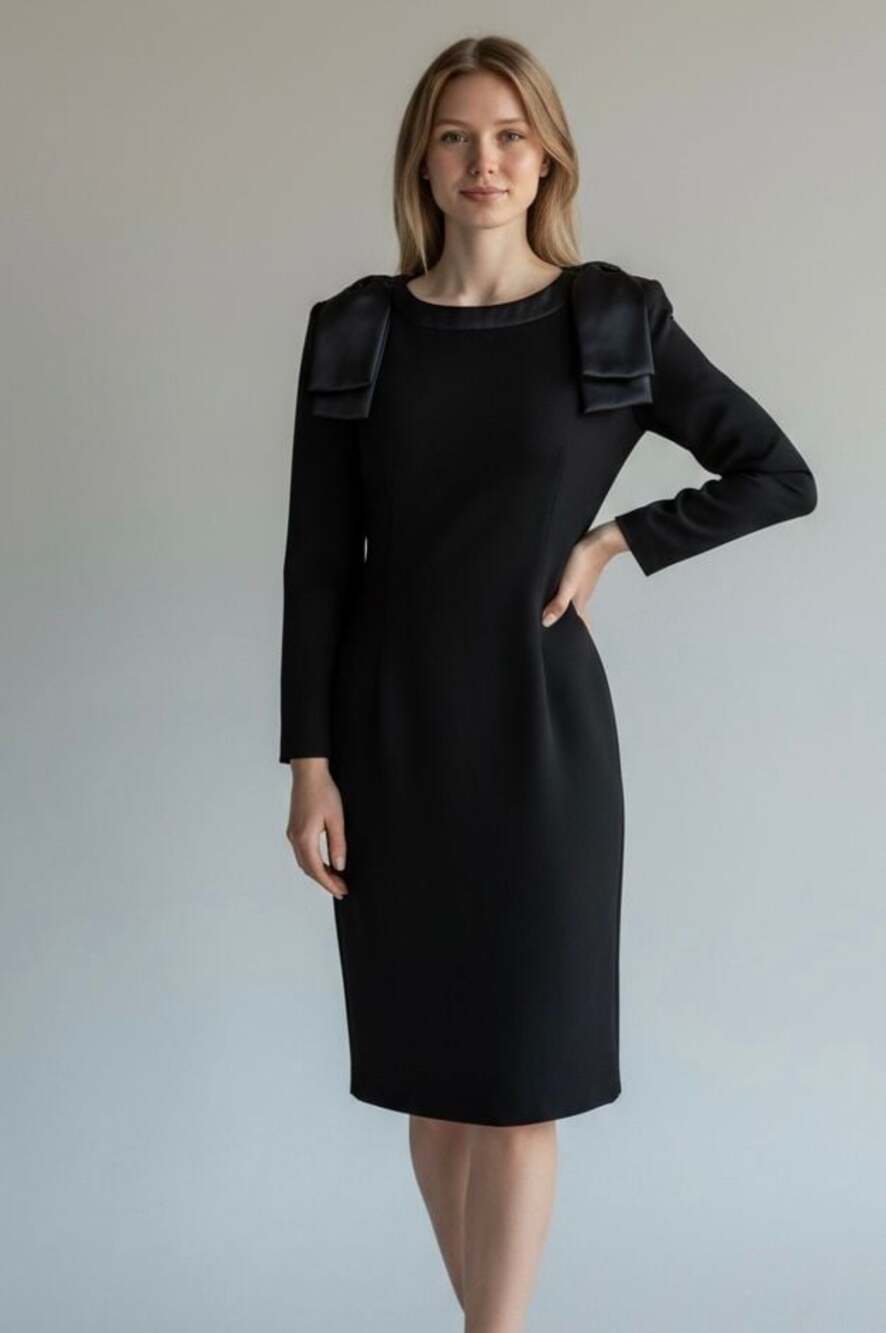 Vintage Coquette Black Long Sleeve Sheath Dress with Satin Bow Shoulder Detail